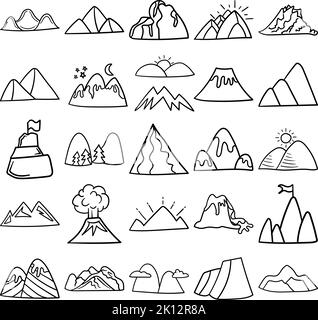 Montagne disegnate a mano Doodle Line Art Outline Set contenente montagna, montagne, scogliera, picco, pile, crinale, sierra, vulcano, alp, banca, butte Illustrazione Vettoriale