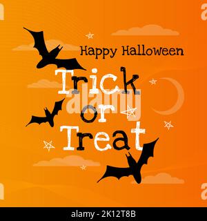 Texte sur Trick or Treat and Happy Halloween giovane luna nel cielo pipistrelli e stelle Illustrazione Vettoriale