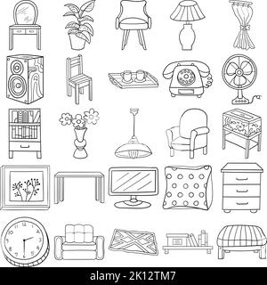 Soggiorno disegnata a mano Doodle Line Art Outline Set contenente Poltrona, divano, Libreria, moquette, sedia, Cassettiera, Orologio, Tavoli, Tenda Illustrazione Vettoriale