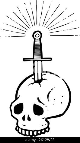 cranio pugnalato disegnato a mano da una spada. Illustrazione vettoriale. Illustrazione Vettoriale