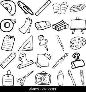 Cartoleria linea Doodle disegnata a mano Set di contorno Art contenente cartoleria, libro degli appuntamenti, penna a sfera, pennello, clip per raccoglitore, graffetta Illustrazione Vettoriale