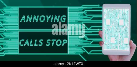 Segno che mostra Impara qualcosa di nuovo. Concetto che significa prevenire i telefoni spam numeri di Blacklisting Angry chiamante Foto Stock