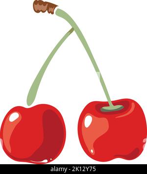 Icona Cherry Pair. Bacche cartoon su fusto verde Illustrazione Vettoriale