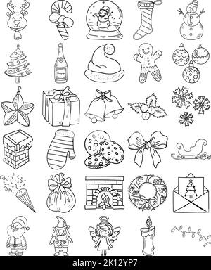 Natale disegnato a mano Doodle linea Art contorno set contenente angelo, campane, arco, candela, canna da zucchero, Champagne, camino, biglietto di Natale, albero di Natale Illustrazione Vettoriale