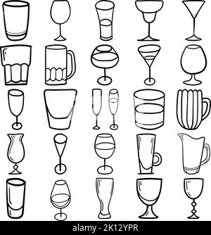 Set di contorni in vetro disegnati a mano Doodle Line Art contenente vetro, bevande, bevande, flauto, vino rosso, Bicchiere di vino bianco, vetro Lowball, Highball Illustrazione Vettoriale