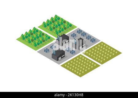 Zona industriale della fabbrica vicino alla zona dell'azienda agricola e del campo. Illustrazione vettoriale Illustrazione Vettoriale