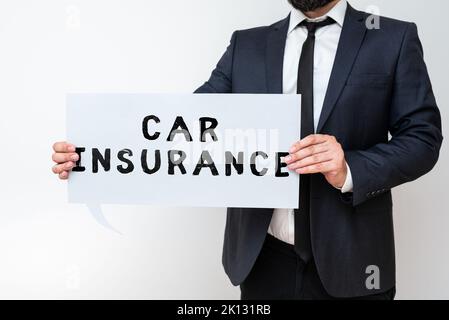Didascalia di testo che presenta l'assicurazione auto. Business vetrina copertura degli incidenti Politica completa garanzia dei veicoli a motore Foto Stock