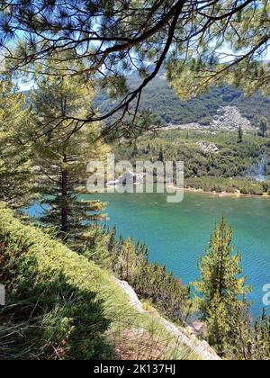 Lago Karkamski, Bulgaria, Pirin montagne pinete foresta, paesaggio estivo Foto Stock