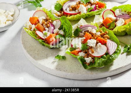 sane lattughe dolci di patate con ravanello, feta, lenticchie Foto Stock