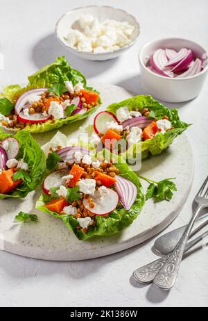 sane lattughe dolci di patate con ravanello, feta, lenticchie Foto Stock