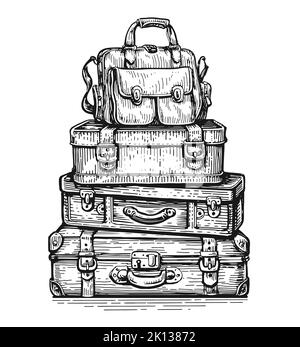 Le valigie di viaggio e viaggio si raccolgono isolate. Pila di bagagli da viaggio impilati. Illustrazione vettoriale di schizzo delle valigie Illustrazione Vettoriale
