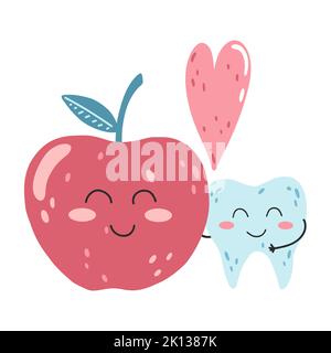 Disegnato a mano carino felice kawaii dente carattere con mela e cuore. Cartoon vettoriale illustrazione dei denti, concetto di cibo sano per forte e pulito Illustrazione Vettoriale