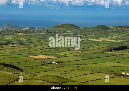 Coni di cenere vulcanica nella caldera delle cinque Picos, vista da Serra do Cume, isola di Terceira, Azzorre, Portogallo, Atlantico, Europa Foto Stock