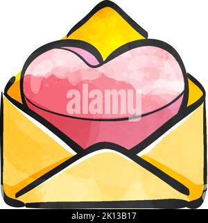 Busta con icona a forma di cuore in acquerello. Illustrazione Vettoriale