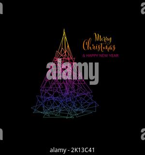 Vector dark moderno semplice trendy cartolina di natale con colore astratto triangolo albero di natale fatto da triangoli e minimalistic semplice lettering. Co Illustrazione Vettoriale