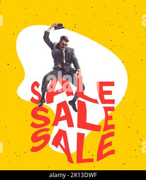 Giovane uomo elegante in stile retrò su sfondo colorato luminoso. Poster per la promozione delle vendite stagionali, Black Friday, cyber Monday Concept. Foto Stock