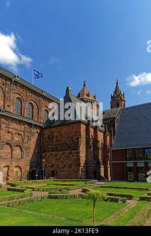 Dom Sankt Peter, erbaut 12. Jahrhundert, Domgarten, Haus am Dom *** Caption locale *** Europa, Germania, Renania-Palatinato, Worms, Schloßgasse, Schu Foto Stock