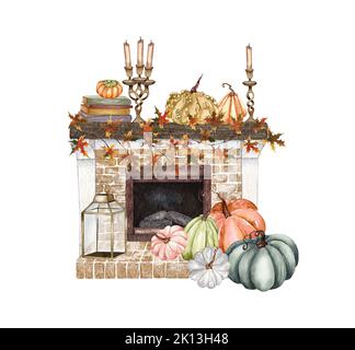 Caminetto acquerello con decorazioni in zucca. Autunno zucca e fiori disposizione in stile rustico. Ruggine e fiori d'arancio bruciati, fogliame caduta e foglie Foto Stock