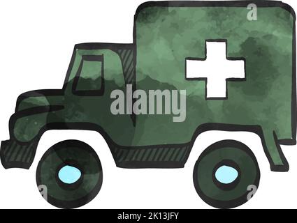 Icona dell'ambulanza militare in stile acquerello. Illustrazione Vettoriale