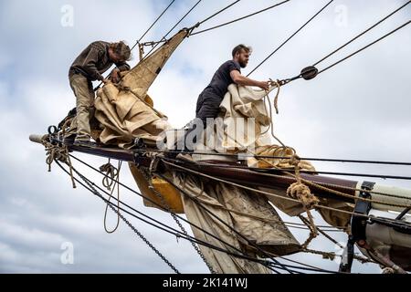 La nave a vela da carico «Tres Hombres» della compagnia marittima «Fairtransport» è ormeggiata nel suo porto di origine a Den Helder, Paesi Bassi, e salpa le vele. Qui viene preparato dall'equipaggio per il suo prossimo viaggio. La goletta 'Tres Hombres' trasporta merci come vino, caffè, cioccolato e rum dai Caraibi attraverso l'Atlantico all'Europa in un modo completamente neutro dal clima. Foto Stock