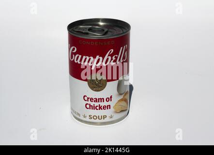 Lattina di Campbell di crema di zuppa di pollo su uno sfondo bianco Foto Stock