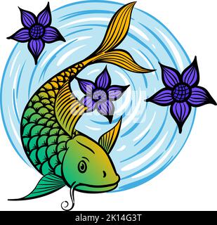 Colore pesce koi disegnato a mano con fiori di loto Illustrazione Vettoriale