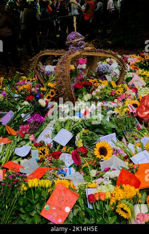 Tributi floreali al festone della Regina, il parco verde di Londra Foto Stock