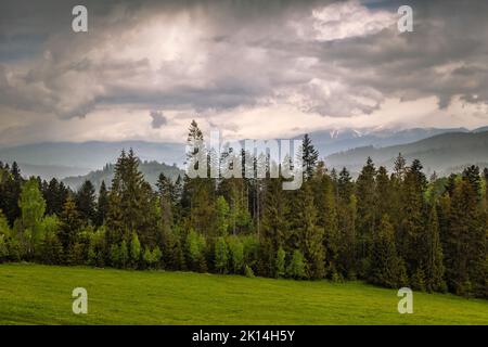 Primavera paesaggio nuvoloso. Il parco nazionale dell'altopiano di Muranska planina con la catena montuosa dei Bassi Tatra sullo sfondo, Slovacchia, Europa. Foto Stock