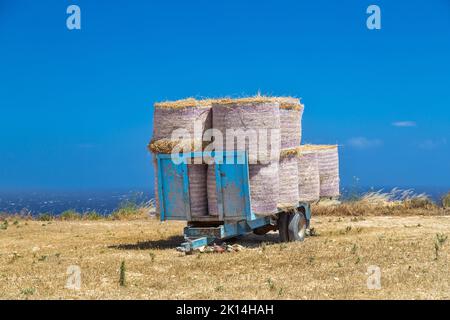 Fieno sul carro di un contadino a Gozo, Malta Foto Stock