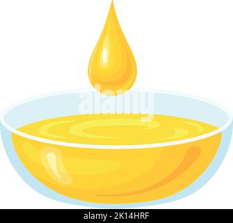 L'olio cade nel recipiente di vetro. Liquido cartoon giallo isolato su sfondo bianco Illustrazione Vettoriale