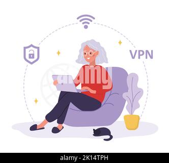 Servizio VPN. Donna anziana che utilizza una rete privata per proteggere i dati personali. Protezione degli indirizzi DNS e IP. Software per la sicurezza dei database. Vettore Illustrazione Vettoriale