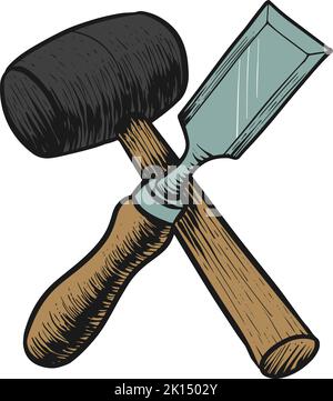 Scalpello a colori e martello strumento per la lavorazione del legno Illustrazione Vettoriale