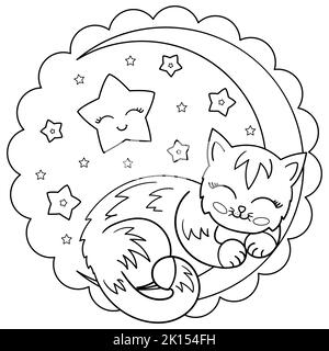Il gattino dorme sulla luna. Disegno vettoriale lineare in bianco e nero. Vettore Illustrazione Vettoriale
