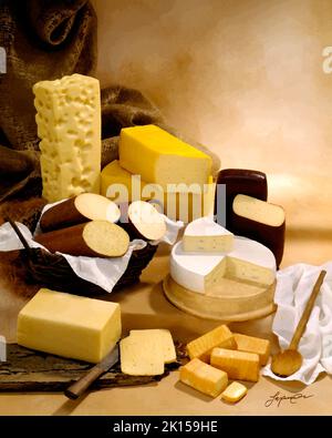 Formaggi tedeschi in gruppo colore fotografia, applicato filtro pittorico. Sfondo chiazzato dai toni tan. Tavolo da studio, immagine classica Foto Stock