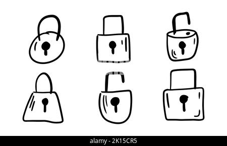 Lucchetti con chiusura a mano e sblocco. Set di icone di protezione doodle isolate in bianco. Schizzo degli elementi di sicurezza e protezione. Raccolta Illustrazione Vettoriale