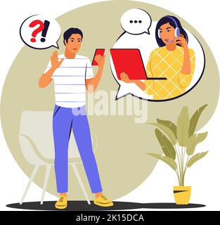 Concetto di call center. Assistenza clienti, operatore hotline. Illustrazione vettoriale. Piatto Illustrazione Vettoriale