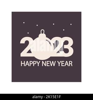 Felice anno nuovo 2023. Vettore per biglietti d'auguri di Capodanno, copertina, logo. Palla di Natale con numeri creativi. Illustrazione Vettoriale