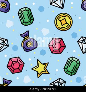 Sfondo colorato senza cuciture con gioielli di videogiochi e monete icona Vector Illustrazione Vettoriale