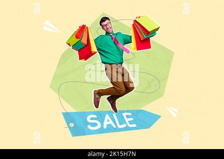 Collage creativo del tipo di salto del collage vincere l'offerta shopaholic speciale di acquisto della modifica del prezzo vendita sul fondo verniciato Foto Stock