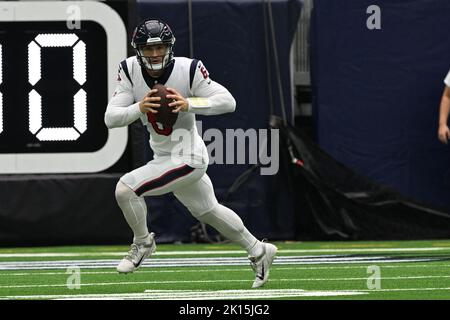 Jeff Driskel (6), quarto di Houston Texans, rotola a destra e corre per la prima volta durante la partita di football della NFL tra gli Indianapolis Colts A. Foto Stock