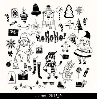 Doodle di Natale. Babbo Natale con regalo, pupazzo di neve, carino orso e cervo, pan di zenzero, lecca e caramelle, pattini e giocattoli di Natale con le carte, nuovo Illustrazione Vettoriale