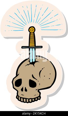 Cranio pugnalato disegnato a mano da una spada in figura vettoriale stile adesivo Illustrazione Vettoriale