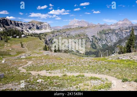 Il Teton Crest Trail si snoda lungo il Death Canyon Shelf sotto il Grand Teton. Grand Teton National Park, Wyoming Foto Stock