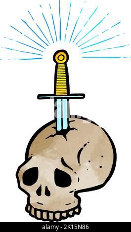 In stile acquerello cranio pugnalato a mano da una spada Illustrazione Vettoriale