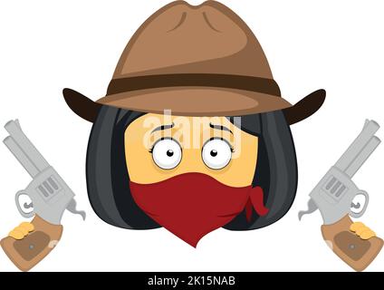 Vettore emoji illustrazione di un fumetto cowboy bandito donna, con un cappello, bandana che copre il suo volto e pistole nelle sue mani Illustrazione Vettoriale