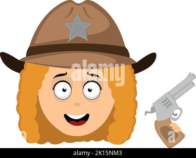 Illustrazione emoticon vettoriale del volto di una donna sceriffo cartoon con un cappello e una pistola in mano Illustrazione Vettoriale