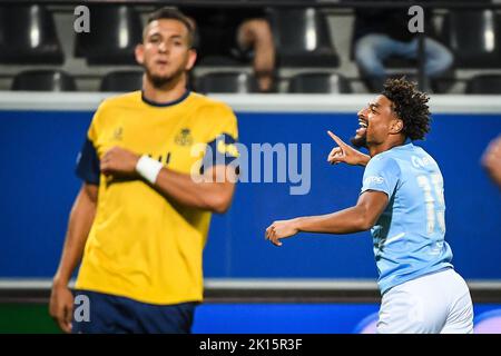 Bruxelles, Belgio. 15th Set, 2022. Joseph CEESAY di Malmo celebra il suo obiettivo durante la UEFA Europa League, partita di calcio del Gruppo D tra Royale Union Saint Gilloise e Malmo FF il 15 settembre 2022 al King Power allo stadio Den Dreef di Lovanio, Belgio Credit: Live Media Publishing Group/Alamy Live News Foto Stock