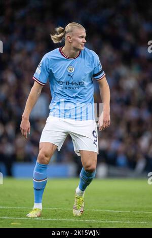 MANCHESTER, INGHILTERRA - 14 SETTEMBRE: Erling Haaland di Manchester City durante la partita di gruppo G della UEFA Champions League tra Manchester City e Borus Foto Stock