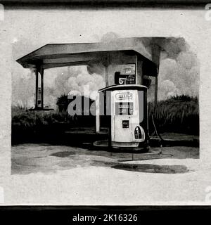 Immagine grafica digitale in bianco e nero della stazione di servizio con pompe Foto Stock