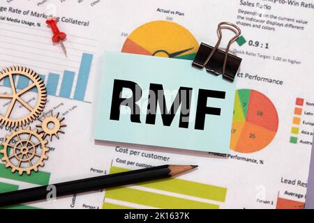 Text RMF for Retirement Mutual Fund composto da blocchi di legno con accumulo di monete. Foto Stock